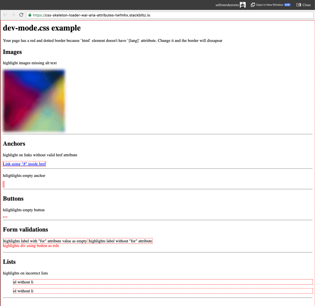 Final result when using a11y-dev-mode.css file in your app